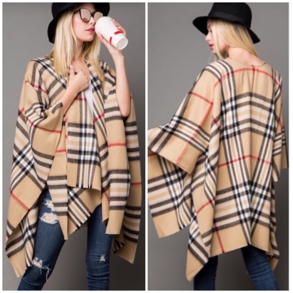 Fleece Taupe Plaid Printed Poncho Wrap - Picture 3 of 4